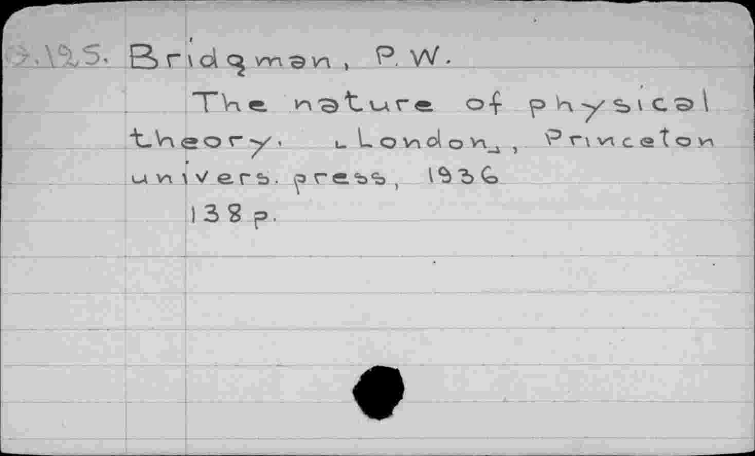 ﻿Brid^wsn, PW-
The. nature O-Ç p H y s \ G 0> \ theory. lLohoIo^, Рписе^ои uHtVerb. ргеьъ, 1%ЪС
I 3 8 p.
